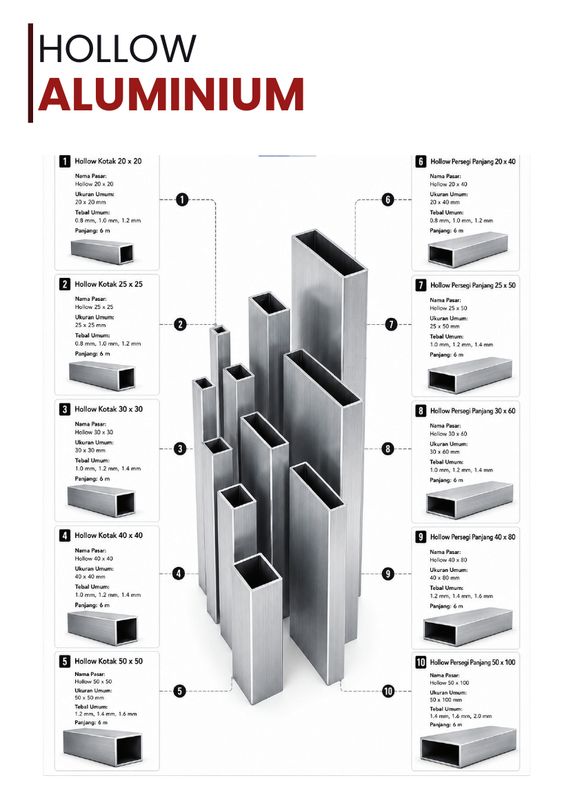 Panduan edukasi Hollow Aluminium — Ukuran & tebal hollow kotak serta persegi panjang.