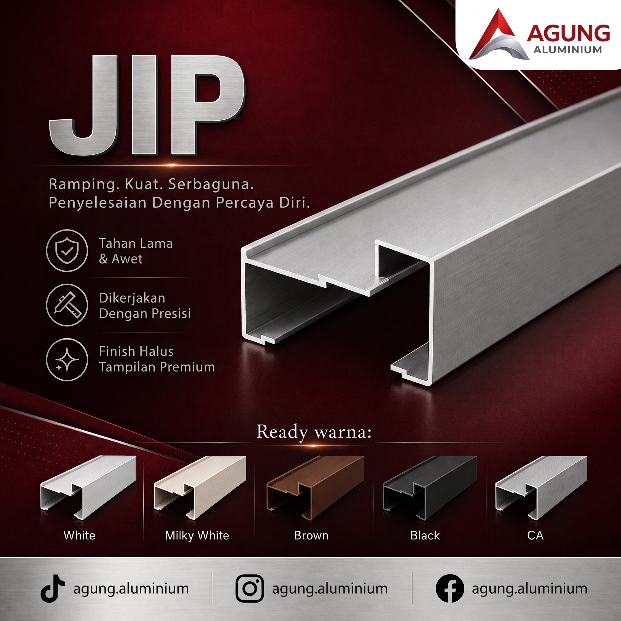 Katalog profil aluminium JIP Agung Aluminium dengan pilihan warna siap pakai