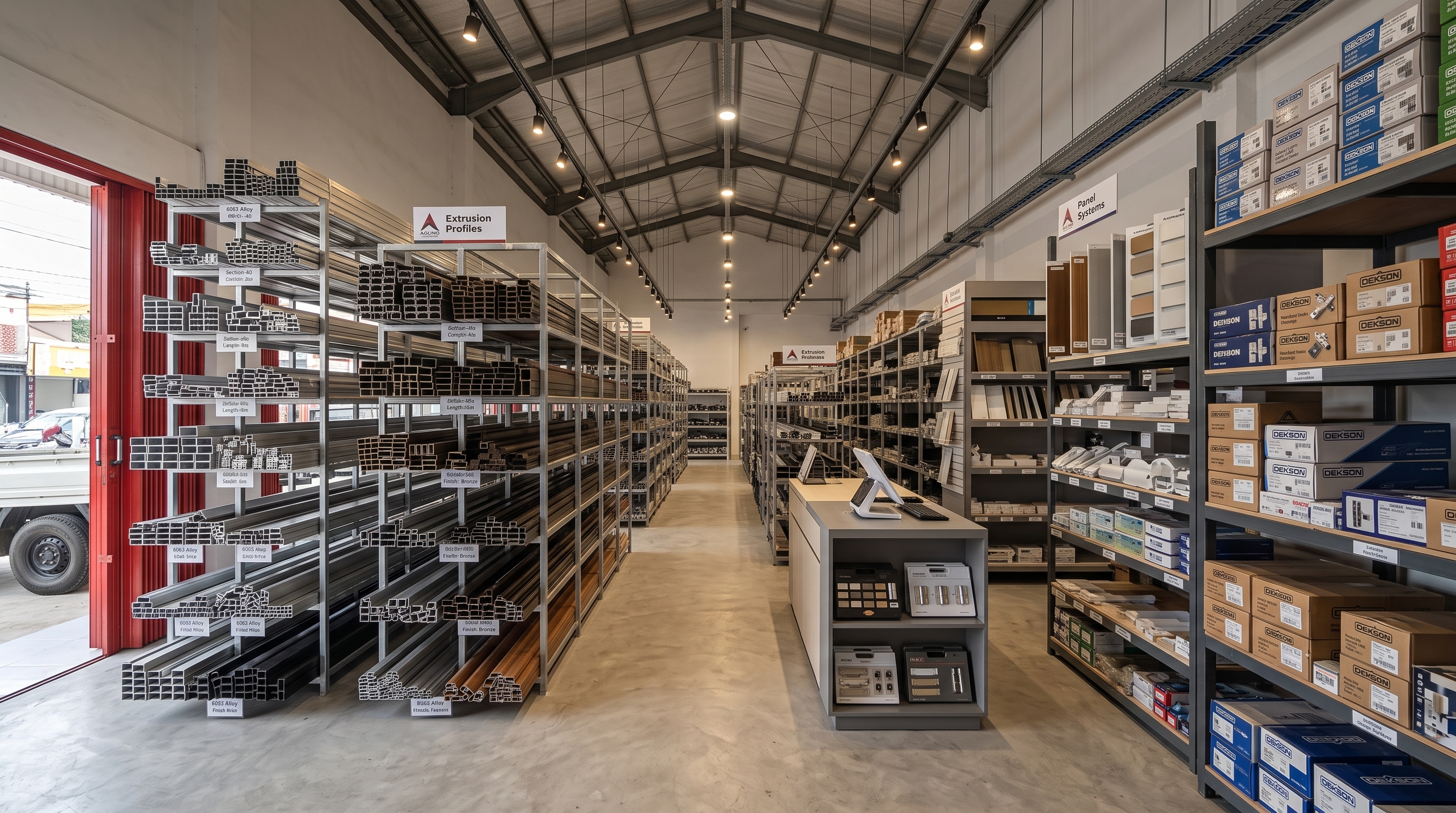 Interior showroom Agung Aluminium dengan stok profil dan aksesoris